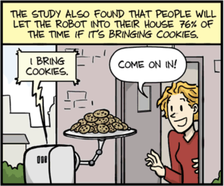 A comic depicting a robot with a plate of cookies, trying to enter someone's house.